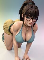 1girls abs ai ai_generated big_ass big_breasts brown_hair cleavage cleavage_cutout criss-cross_halter female glasses halter_top halterneck madz(oc) muscular muscular_female pleated_skirt ponytail preview radnsad short_skirt simple_background skirt sneakers solo solo_female solo_focus thick_ass thick_legs thick_thighs wallpaper