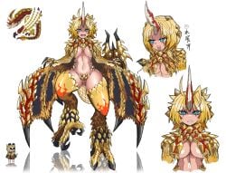 athletic curvy dragon_girl fit_female humanized large_breasts monster_hunter monster_hunter_4 reference_sheet seregios sharp_teeth thick_thighs voluptuous wide_hips