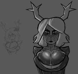 1girls angry_face big_breasts busty carol_holiday deltarune deltarune_chapter_4 monochrome older_female overflowing_breasts shiny_breasts sketch sweaty_breasts syridias