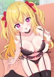 absurdres ahoge black_bra black_choker black_panties blonde_hair blurry blush bow bow_panties bra breasts bubble choker cleavage collarbone commission depth_of_field female full-face_blush garter_belt garter_straps gyaru hair_between_eyes hairbow heart-shaped_pupils highres hiiragisensei large_breasts lingerie long_hair looking_at_viewer navel original panties pixiv_commission red_bow ribbon scrunchie smile solo symbol-shaped_pupils thighhighs tongue tongue_out two_side_up underwear underwear_only