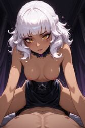 ai_generated brown_eyes dark_skin goth hazel_eyes league_of_legends pov punk qiyana_yunalai riding riot_games skirt white_hair