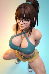 1girls abs ai ai_generated big_ass big_breasts brown_hair brown_hair cleavage cleavage_cutout criss-cross_halter glasses halter_top halterneck madz(oc) muscular muscular_female pleated_skirt ponytail preview radnsad short_skirt simple_background skirt sneakers solo solo_female solo_focus thick_ass thick_legs thick_thighs wallpaper