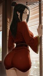 1girls ai_generated artist_name ass avatar_legends avatar_the_last_airbender azula black_hair breasts brown_eyes forehead from_behind grin indoors japanese_clothes kimono large_breasts long_hair long_sleeves looking_at_viewer looking_back mature_female mykibuu nickelodeon nicktoons obi patreon_username red_kimono sash smile solo thighs underbutt wide_sleeves window window_blinds
