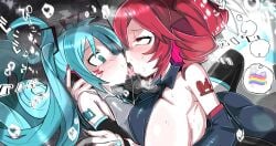 2girls ass asymmetrical_docking big_breasts blush breast_press breasts detached_sleeves drill_hair female/female french_kiss girl_on_girl green_eyes green_hair hand_behind_neck hatsune_miku kasane_teto kissing large_breasts long_hair multiple_girls nail_polish painted_nails pride_month red_eyes red_hair rolling_eyes saliva saliva_on_tongue saliva_trail sideboob small_breasts sweat tongue_out twin_drills twintails very_long_hair vocaloid y2kqtz yuri