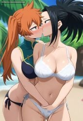 2girls ai_generated beach bikini black_eyes black_hair blush boku_no_hero_academia bra breasts cleavage collarbone dandanhub day female fingering french_kiss green_eyes hand_in_panties itsuka_kendou kendou_itsuka kissing large_breasts long_hair looking_at_another momo_yaoyorozu multiple_girls my_hero_academia navel orange_hair outdoors panties ponytail pussy_juice sand side-tie_bikini_bottom side_ponytail swimsuit underwear white_bikini white_bra white_panties yaoyorozu_momo yuri