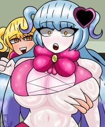 2girls belly belly_button big_bow big_breasts blonde_hair blush boobs boobs_bigger_than_head boobs_out bow breast_grab breasts breasts_bigger_than_head cyan_hair don_quixote_(limbus_company) duo fangs female female_focus female_only grabbing grabbing_another's_breast grabbing_from_behind groping groping_breasts groping_from_behind heart_hair_ornament huge_breasts its_archville limbus_company lobotomy_corporation long long_hair multicolored_hair multiple_girls no_bra no_nipples open_mouth pale_skin pigtails pink_bow project_moon queen_of_hatred shirt_lift short_twintails signature tan_skin tits tits_bigger_than_head tits_out tummy yellow_eyes yuri