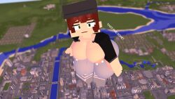 3d 3d_(artwork) big_breasts breasts cassidy_(cubanapple) city cubanapple female giantess minecraft nipples pierced_nipples staring_at_viewer
