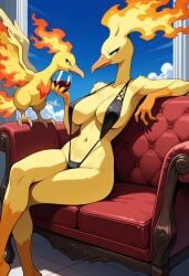 ai_generated big_breasts cup_of_wine furry furry_female micro_bikini moltres pokemon pokemon_(species) pokephilia razhdeluxe