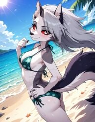 2025 ai_generated ass ass beach_background black_dot_eyes black_eyebrows booty closed_mouth deviantart elryusam flower_bikini furry_ears furry_female furry_nose furry_only furry_tail helluva_boss looking_at_viewer loona_(helluva_boss) meta mouth_closed pink_cheeks smile_at_viewer smiling_at_viewer vivziepop wet_bikini wet_body wet_skin white_eyes_female white_hair_female wolf_ears wolf_girl wolf_nose wolf_tail youtube