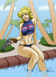 bonkers clothing dinguheado disney female female_only front_view holding_gun human miranda_wright outdoors pale_skin partially_submerged pool sitting smile solo tagme water