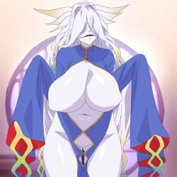 1girls 2d blush breasts breasts_out chinese_clothes digimon dress fallen_angel female gerusyu hair headgear helmet hidden_face large_breasts long_hair looking_at_viewer no_nipples ordinemon solo
