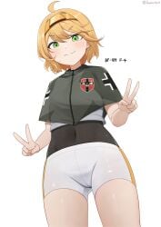 1girls blonde_hair blush daebom green_eyes looking_at_viewer shiny_clothes shiny_skin small_breasts smile thighs v_sign