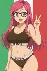 ai_generated asian beaned_clothing big_breasts breasts fat_tits female glasses happy mexican mexican_flag mexico not_porn oc original_character owned_by_mexico peace_sign pink_eyes pink_hair pinku_(oc) property property_of_mexico raceplay sports_bra sportswear stomach thick_thighs