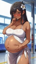 1girls 2girls ai_generated bare_arms bare_shoulders big_belly bikini black_hair blurry blurry_background blush breasts brown_eyes cleavage closed_mouth collarbone cowboy_shot dark-skinned_female dark_skin disney embarrassed female flower furrowed_brow hair_flower hair_ornament hand_on_own_stomach hand_to_own_mouth hand_up hands_on_own_stomach indoors large_breasts lilo_and_stitch long_hair looking_down multiple_girls mykibuu nani_pelekai navel nose_blush pole pregnant sarong sidelocks solo_focus standing stomach swimsuit thighs white_bikini white_flower white_sarong