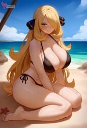 1girls 2d ai_generated ass barefeet beach big_ass big_breasts bikini blonde_hair breasts cynthia_(pokemon) erophoenix feet female female_focus full_body long_hair looking_at_viewer looking_back milf nintendo nude older_woman pale_skinned_female patreon_username pokemon pokemon_dppt smile soles solo solo_female sweat swimsuit thick thick_thighs toes uncensored voluptuous