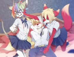 angry anthro banto-kun bed blonde_hair blood blue_eyes bodily_fluids bottomwear bow_tie bulge canid canine cervine clothed clothing crossdressing crown deer digital_media_(artwork) fennec fight fighting_over_boy fox fumiko fur furniture girly glowing grey_body grey_fur group hair hand_on_crotch headgear heart inner_ear_fluff lil-maj male male/male mammal mory multicolored_hair necktie nosebleed pants pink_glow prince_rigel pushing rainbow_hair red_body red_eyes red_fur school_uniform shaded skirt tail_under_skirt tuft uniform yellow_body yellow_fur