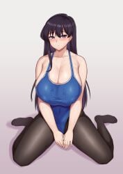 1girls 2022 alternate_version_available bare_shoulders black_hair black_pantyhose blue_one-piece_swimsuit blue_swimsuit blush breasts cleavage competition_swimsuit eyebrows_visible_through_hair eyelashes female gradient_background highres komi-san_wa_komyushou_desu komi_shouko large_breasts long_hair looking_at_viewer nipple_bulge nipples nipples_visible_through_clothing one-piece_swimsuit pantyhose pantyhose_under_swimsuit purple_eyes shadow simple_background sitting smile solo sweat sweatdrop swimsuit wariza zb_(xucz8527)