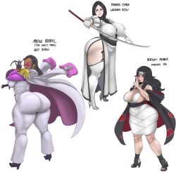 3girls absurdres akatsuki_(naruto) alternate_costume arrancar ass back black_hair bleach blue_eyes breasts clothes crossover dark-skinned_female dark_skin ear_piercing earrings enemy_conversion english_text female female_only headband high_heel_boots high_heels highres holding holding_sword holding_weapon huge_ass huge_breasts jewelry kurenai_yuhi long_hair looking_at_viewer looking_back marine_(one_piece) multiple_girls naruto naruto_(series) naruto_shippuden nico_robin one_piece piercing purple-tinted_eyewear red_eyes shounen_jump simple_background sunglasses sunnysundown sword tan_skin tinted_eyewear unohana_retsu venus_body weapon white_background yuuhi_kurenai