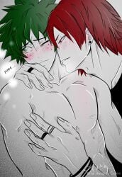 2boys eijirou_kirishima freckles green_eyes green_hair hugging izuku_midoriya kissing_neck male male_only my_hero_academia red_eyes red_hair shirtless the_naughty_gemini touching yaoi