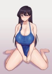 1girls 2022 alternate_version_available bare_shoulders black_hair blue_one-piece_swimsuit blue_swimsuit blush breasts cleavage competition_swimsuit eyebrows_visible_through_hair eyelashes female gradient_background highres komi-san_wa_komyushou_desu komi_shouko large_breasts long_hair looking_at_viewer nipple_bulge nipples nipples_visible_through_clothing one-piece_swimsuit purple_eyes shadow simple_background sitting smile solo sweat sweatdrop swimsuit wariza zb_(xucz8527)