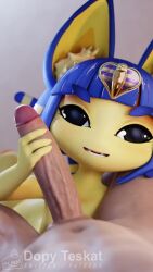 1boy 1girls 3d 3d_model animal_crossing animated ankha ankha_(animal_crossing) ankha_(zy0n7) anthro bangs blue_hair dopyteskat doubutsu_no_mori furry handjob human human_on_anthro light-skinned_male nairu_(doubutsu_no_mori) nintendo no_sound short_hair tagme video yellow_fur zy0n7