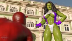 1girls 3d 3d_(artwork) artist_logo big_breasts black_hair busty clothed daredevil daredevil_(series) female fingerless_gloves gloves green_eyes green_lips green_skin hourglass_figure hulk_(series) leotard long_hair male marvel marvel_comics merlynn navel revealing_clothes she-hulk solo tagme thong_leotard toned_stomach underboob