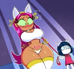 2girls alien_girl big_breasts blush blushing breasts cartoon_network catgirl cleavage dc dc_comics female female_alien female_only femsub green_eyes green_eyes_female huge_breasts koriand'r large_breasts leash leash_pull nelljoestar no_pants starfire tagme tamaranean teen_titans teen_titans_go thick_thighs thighs