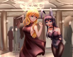 2girls arms_behind_back background_characters ball_gag belt belt_bondage belt_buckle blonde_hair blue_eyes bondage breasts bunny_ears collar covered_navel crying dress fake_animal_ears femdom femsub gag gagged green_eyes leash leash_pull leotard long_hair medium_breasts multiple_girls original pantyhose playboy_bunny purple_hair purple_leotard red_dress sleeveless_dress strapless strapless_leotard tears zhadanzhawugui