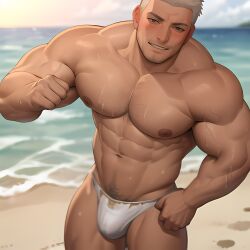 1boy abs ai_generated bara beach blush bulge day facial_hair flexing large_pectorals looking_at_viewer male_focus male_pubic_hair male_swimwear mature_male muscular muscular_male navel navel_hair nipples outdoors pectorals pubic_hair sand short_hair smile solo stable_diffusion stomach stubble swim_briefs thick_thighs thighs topless_male water wet