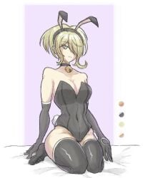 2022 armwear bed bed_covers bed_sheet bed_sheets bedding_background bedroom_setting bedsheets bell bell_collar black_clothing bunny bunny_costume bunny_ear bunny_ears bunny_girl bunny_tail bunnygirl bunnysuit clothed clothes clothing collar color_palette danganronpa danganronpa_v3 danganronpa_v3:_killing_harmony gloves green_eyes green_hair headband kneeling looking_at_viewer medium_breasts messy_hair neck_tuft necktie neckwear purple_background short_hair simple_background sitting sitting_on_bed sociallysuperfluous solo_female straight_hair thick_legs thick_thighs thigh_highs thighhighs thighs toujou_kirumi white_background