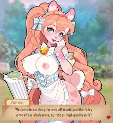 anthro apron bell bell_accessory beverage big_breasts blush bodily_fluids bracelet breasts clothing dialogue english_text exposed_breasts eyeshadow female freckles fur genitals green_eyes hair hi_res holding_beverage holding_object huge_breasts jewelry lactating lactation lagomorph leporid long_hair makeup mammal milk navel open_mouth orange_hair parfait_(parfaitbunny) parfaitbunny pink_eyeshadow pussy rabbit solo talking_to_viewer tan_body tan_fur text thick_thighs white_body white_fur wide_hips