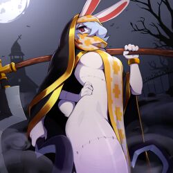 1girls anthro big_breasts bunny_ears bunny_girl female graveyard hair_over_one_eye looking_at_viewer looking_down outside partially_clothed pudgeruffian red_eyes scythe short_hair solo standing tagme tail thick_thighs white_hair