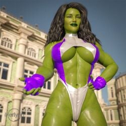 1girls 3d 3d_(artwork) artist_logo big_breasts black_hair busty clothed female female_only fingerless_gloves gloves green_eyes green_lips green_skin hourglass_figure hulk_(series) leotard long_hair marvel marvel_comics merlynn navel revealing_clothes she-hulk solo tagme thong_leotard toned_stomach underboob