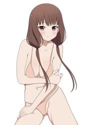 1girls accurate_art_style bare_shoulders beige_bra beige_panties belly_button big_breasts blush bra breasts brown_eyes brown_hair chest cleavage collarbone coro_fae cute embarrassed eyelashes female female_only highres iino_miko kaguya-sama_wa_kokurasetai_~tensai-tachi_no_renai_zunousen~ light-skinned_female long_hair looking_at_viewer navel official_style panties posing shy solo standing twintails underwear white_background