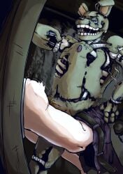 2023 ambiguous_gender ambiguous_penetrated anthro bodily_fluids bunnysuitconman clothing clothing_around_one_leg digital_media_(artwork) duo erection five_nights_at_freddy's five_nights_at_freddy's_3 genitals hi_res human lagomorph leporid machine male male/ambiguous male_penetrating male_penetrating_ambiguous mammal open_mouth penetration penis rabbit scottgames sex springtrap springtrap_(fnaf) stuck teeth through_wall vein veiny_penis