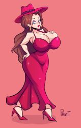 big_breasts big_lips blue_eyes breasts brown_hair cleavage clothing dress ear_piercing earrings eyeshadow female female_only hair hand_on_breast hand_on_hip hat headwear heels high_heels huge_breasts lips lipstick long_hair mario_(series) nintendo pauline profit red_dress red_lips red_lipstick solo solo_female super_mario_odyssey thick_lips thunder_thighs ⁶1girls