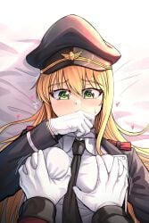 1boy 1girls absurd_res blonde_female blonde_hair blush breast_grab breast_squeeze clothed_female commander_(girls'_frontline) dress_shirt foreplay girls'_frontline gloves green_eyes hand_over_mouth hat highres long_hair necktie no_sex on_back on_bed peaked_cap pov senpaihawkkun stg-44(girls_frontline) tears uniform white_gloves