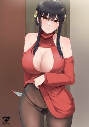 1girls assassin big_breasts black_hair boob_window breasts cleavage female female_human fit_female high_resolution hips holding_object human kaos_art knife large_breasts light-skinned_female light_skin long_hair mature_female object_behind_back pantyhose red_eyes slim_waist spy_x_family sweater sweater_dress thick_thighs thighs thorn_princess wide_hips yor_briar yor_forger