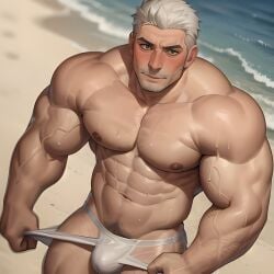 1boy abs ai_generated bara beach beard blush bulge facial_hair green_eyes large_pectorals looking_at_viewer male_focus male_only male_pubic_hair male_swimwear male_underwear mature_male muscular muscular_male navel navel_hair nipples outdoors pectorals pubic_hair pulled_by_self sand short_hair solo stable_diffusion stomach thick_thighs thighs topless_male underwear veins water wet white_hair