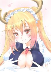 1girls big_breasts blonde_hair dragon_girl female frapowa horns light-skinned_female maid maid_headdress maid_uniform miss_kobayashi's_dragon_maid orange_eyes smile solo tohru_(dragon_maid) twintails