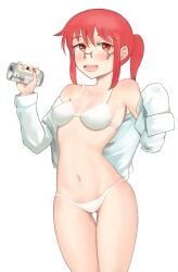 1girls bra breasts cleavage dayby drink eyewear female female_only glasses hair holding_drink kobayashi miss_kobayashi's_dragon_maid open_shirt panties red_eyes red_hair small_breasts solo solo_female thighs topwear white_bra white_panties white_shirt