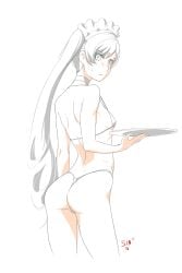 ass back bikini blue_eyes cafe collar embarrassed humiliation maid maid_headdress micro_bikini nervous ponytail rwby serving_tray side_ponytail sinccubi skimpy_clothes small_breasts sweatdrop thong waitress weiss_schnee white_hair