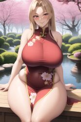 ai_generated blonde_hair blush chinese_dress dress huge_breasts japanese_garden mommy naruto naruto_(series) smiling thick_thighs tsunade