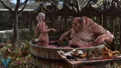 1boy 1girls 3d ass bath breasts ciri flowers horns monster naked naked_female nipples nude nude_female pointy_ears sword the_vice_art the_witcher_(series) the_witcher_3:_wild_hunt tree trellis undressed wet_skin white_hair