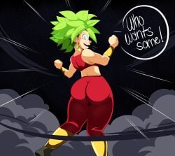 barrybbeesly big_ass dialogue dragon_ball dragon_ball_super fat_ass fusion green_eyebrows green_hair kefla legendary_super_saiyan leggings light-skinned_female looking_at_viewer looking_back potara_earrings red_pants sports_bra super_saiyan super_saiyan_2