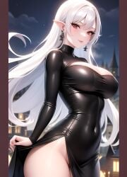 ai_generated aiwildly black_dress breasts dress long_hair looking_at_viewer nai_diffusion original original_character pale_skin pussy pussy_peek red_eyes skin_tight vampire white_hair