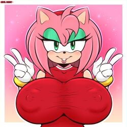 amy_rose bedroom_eyes breasts devil_daddy eulipotyphlan eyeliner eyeshadow female gloves green_eyes headband large_breasts lipstick nipples_visible_through_clothing peace_sign pink_hair sega sonic_(series)