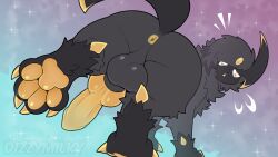 2023 4_toes absol anthro artist_name ass balls big_butt black_body black_fur butt canine cheek_tuft chest_tuft claws digital_media_(artwork) dizzymilky feet feral fluffy foot_fetish fur generation_3_pokemon genitals gradient_background head_tuft hi_res leg_tuft looking_at_viewer looking_back looking_back_at_viewer male mouth_open nintendo open_mouth pawpads paws penis pokemon pokemon_(species) presenting_feet presenting_paws simple_background solo surprised_expression toes wide_hips yellow_eyes yellow_fur yellow_pawpads yellow_penis