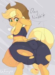 1animal 2023 anus applejack_(mlp) artist_name ass big_anus big_butt biped blonde_hair bottomwear bra camel_toe clothing cowboy_hat crouching dialogue digital_drawing_(artwork) digital_media_(artwork) earth_pony english_text equid equine female feral feral_focus feral_only friendship_is_magic green_eyes grey_background gym_bottomwear gym_clothing gym_shorts hair hasbro hat headgear headwear hi_res horse looking_at_viewer looking_back looking_back_at_viewer looking_down mammal my_little_pony nude orange_body pony puffy_anus semi-anthro shorts simple_background smooth_skin solo sports_bra stretching tail text thick_thighs tight_clothing torn_bottomwear torn_clothing torn_shorts underwear uuforya yellow_tail