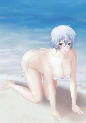 all_fours alternate_version_available barefoot beach big_breasts bikini blush canon_genderswap cleavage female female_only fully_clothed genderswap_(mtf) ginko_sakata gintama gintoki_sakata hyuga light_blue_hair looking_at_viewer nipple_bulge pale-skinned_female pale_skin red_eyes rule_63 short_hair side-tie_bikini silver_hair smile solo strapless_bikini swimsuit very_short_hair white_bikini white_hair